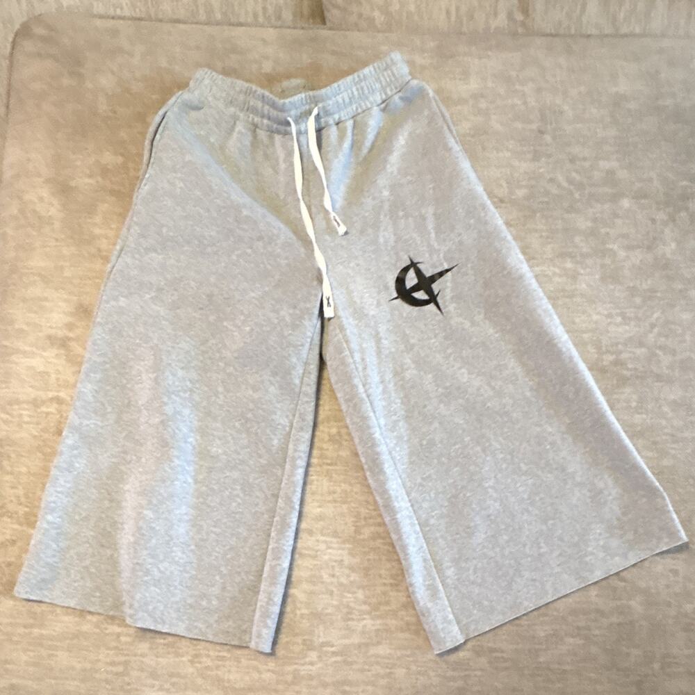 Men's 3/4 Gray Fleece Sweatpants S Regular Drawstring Elastic Waist Wide-Leg